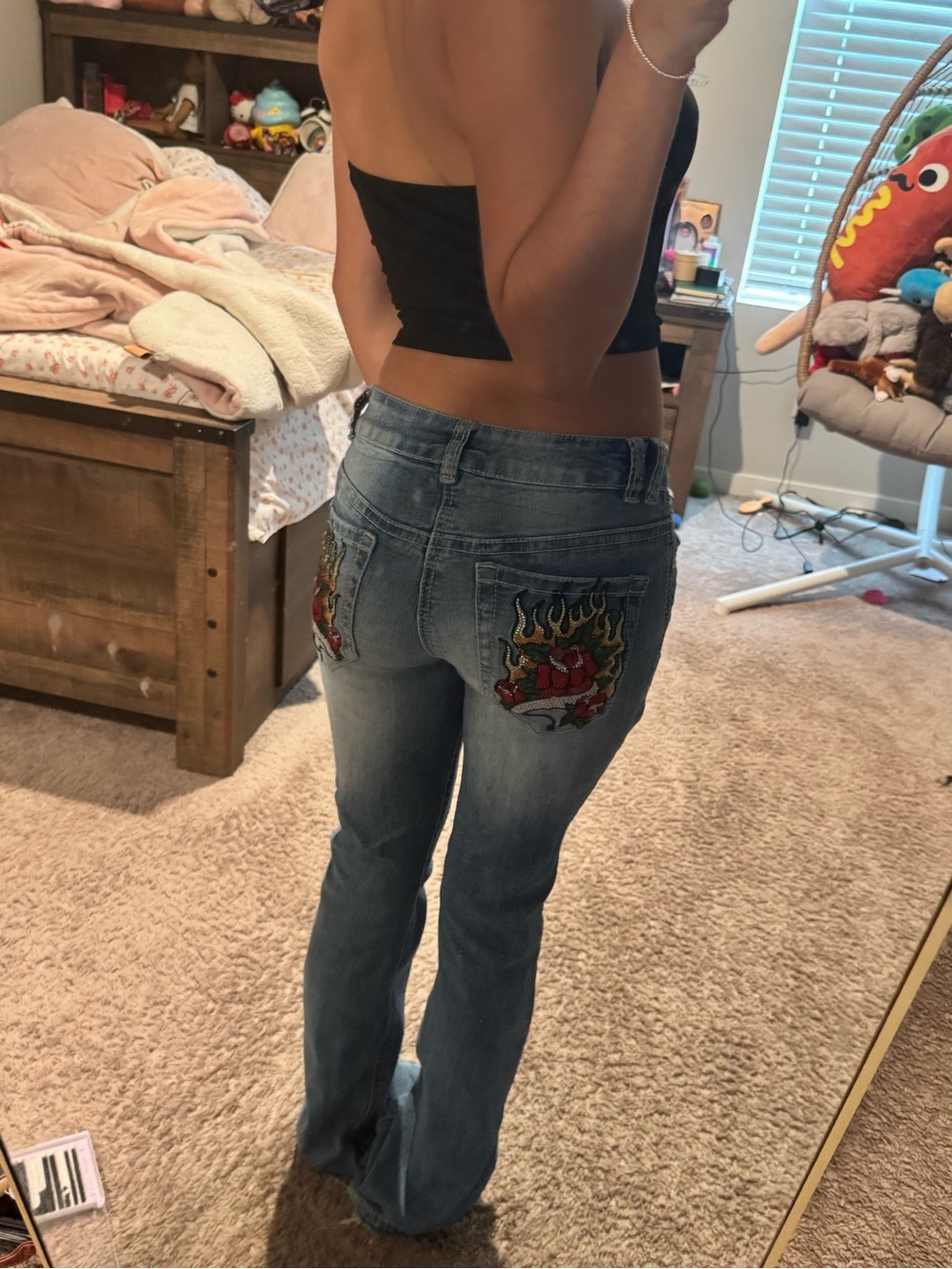 Zumiez Light Blue Flare Jeans with Embroidered Flame & Heart Patches